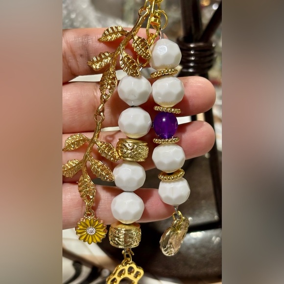 Charming White and Gold Beaded bag backpack charm with Purple Accent - Picture 2 of 7